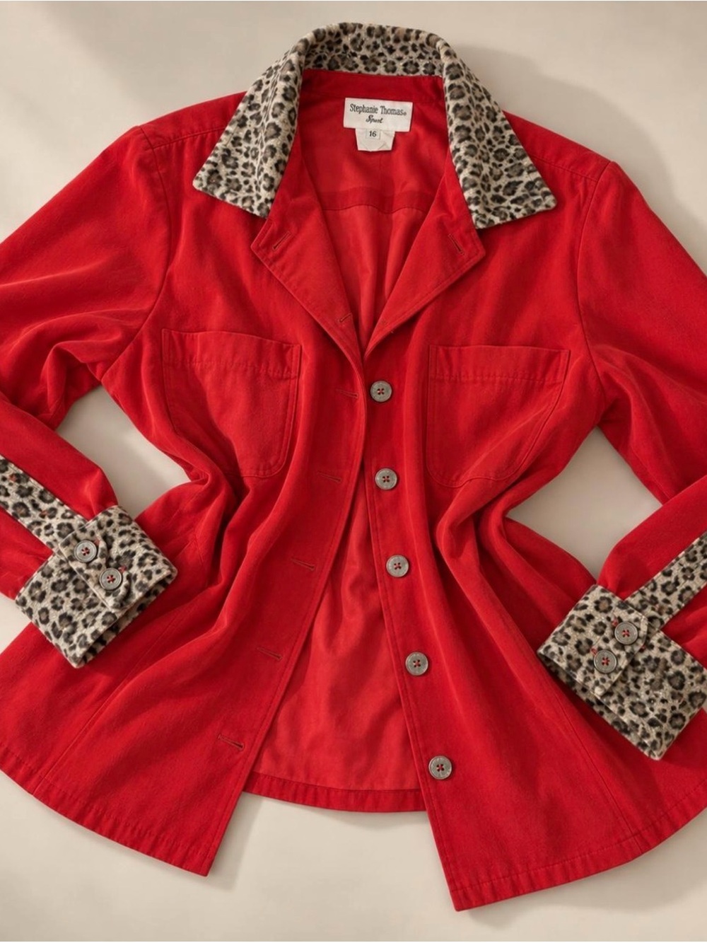 Red Leopard-Trim Button Front Jacket